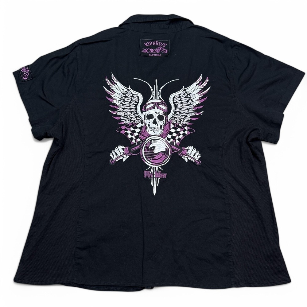 Ride R Die Motorcycle Shirt Top Womens Size 2Xl XXL Black Zip Up Embroidery